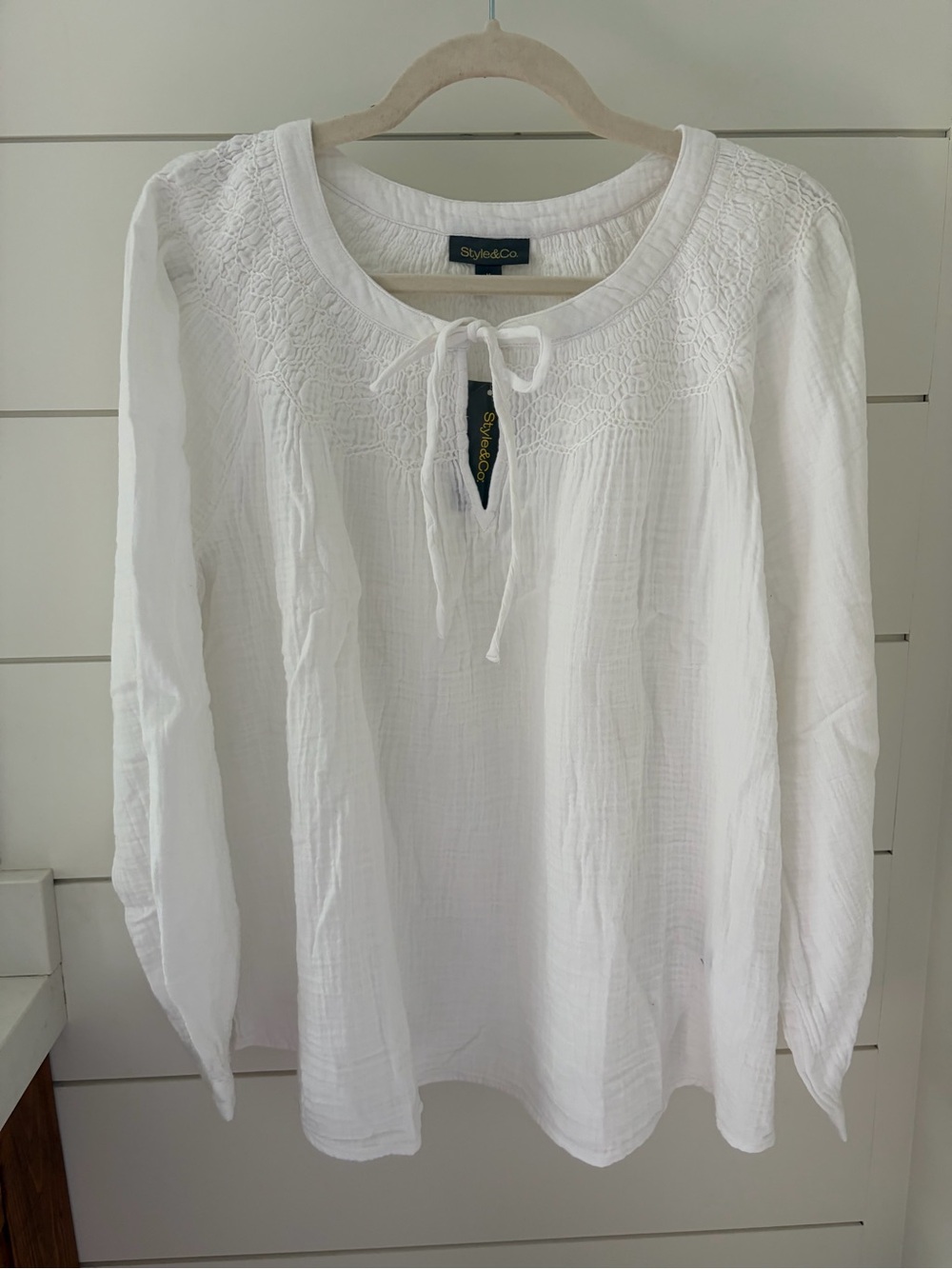 Style & Co. White Long-Sleeve Peasant Tunic with Tie Neck